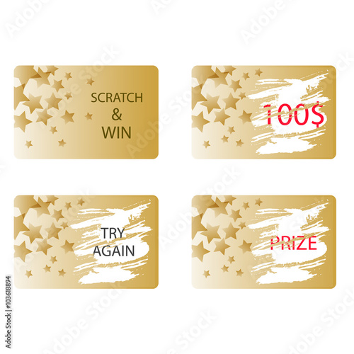Scratch and win a prize or try again card vector. Lottery ticket in gold color with stars.