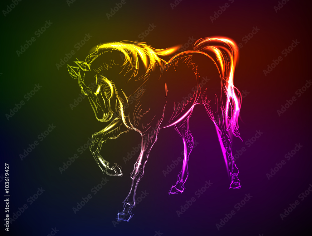 Horses. Hand-drawn neon illustration Horses. Hand-drawn neon illustration