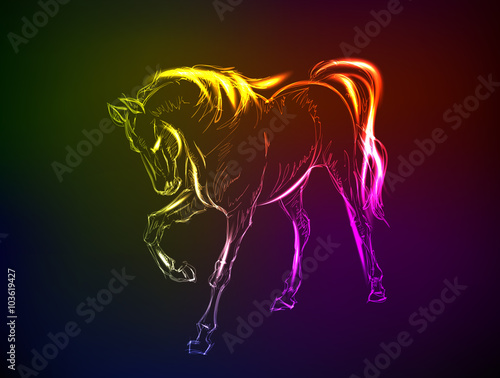Horses. Hand-drawn neon illustration