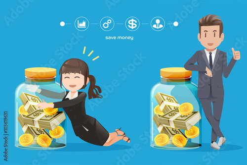 business man and woman Trying to collect money.The savings money from business.Interest on bank deposits.Investment routine.Money from a hobby.The Small Business Investment.Graphic and vector EPS 10.