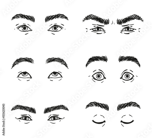 Set male eyes, looks straight up, squint with different facial expressions emotions of surprise, calm, fear, anger, contempt, squint, closed eyelids, serenity, part of the face, isolated vector