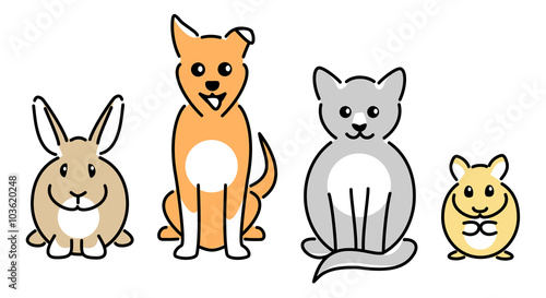 Pet rabbit, dog, cat and hamster sitting in a line