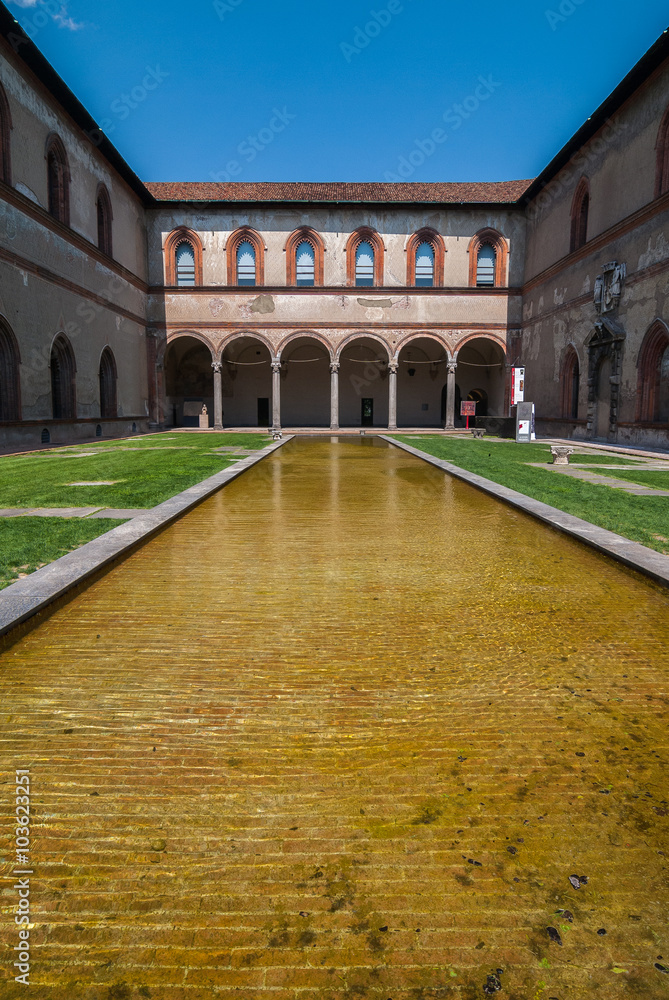 Inner yard of Sforza Castle (Castello Sforzesco) in Milan, Italy