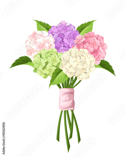 Vector bouquet of pink, purple, green and white hydrangea flowers isolated on a white background.