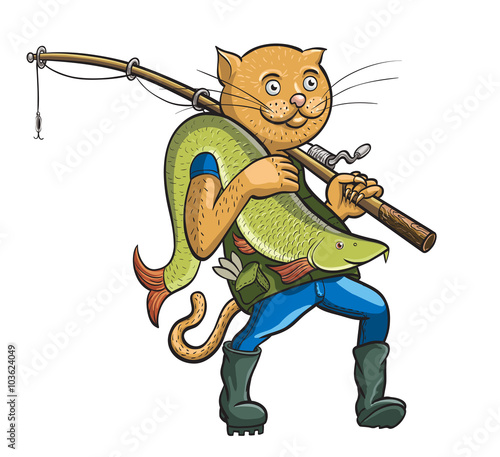 Cat fisherman. Linear and colorful figure