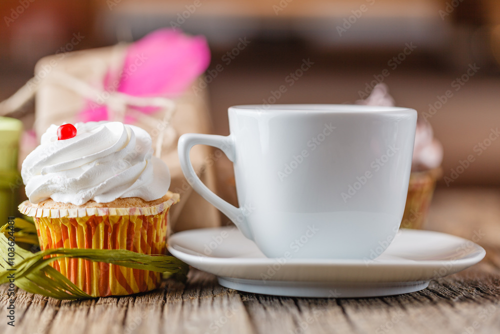coffee break with gift box and colorful marshmallow coffee break with gift box and colorful marshmallow