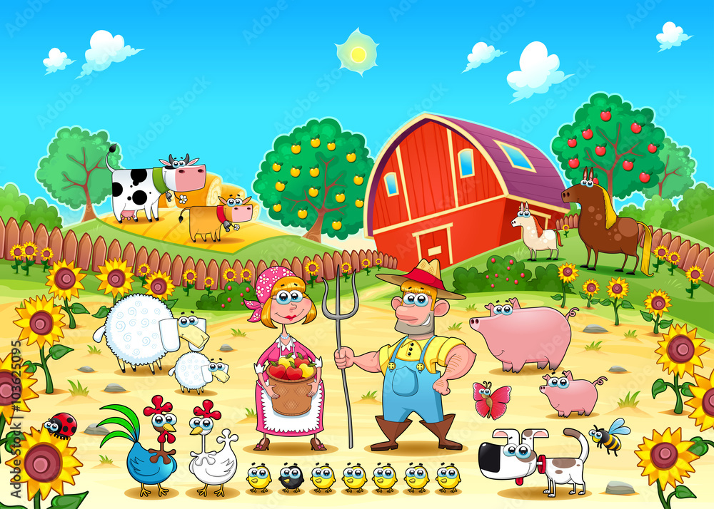 Obraz premium Funny farm scene with animals and farmers