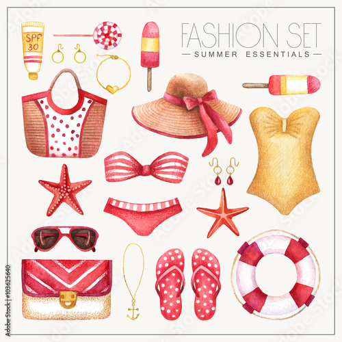 Fashion watercolor woman's outfit with bags, hat and swimsuits
