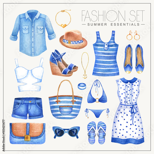 Fashion watercolor nautical style woman's outfit