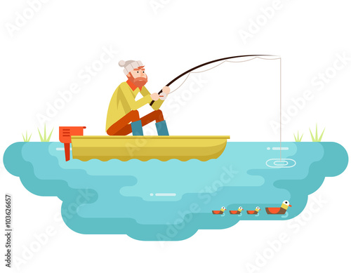 Lake fishing Adult Fisherman with Fishing Rod Boat Birds Isolated Concept Character Icon Flat Design Template Vector Illustration