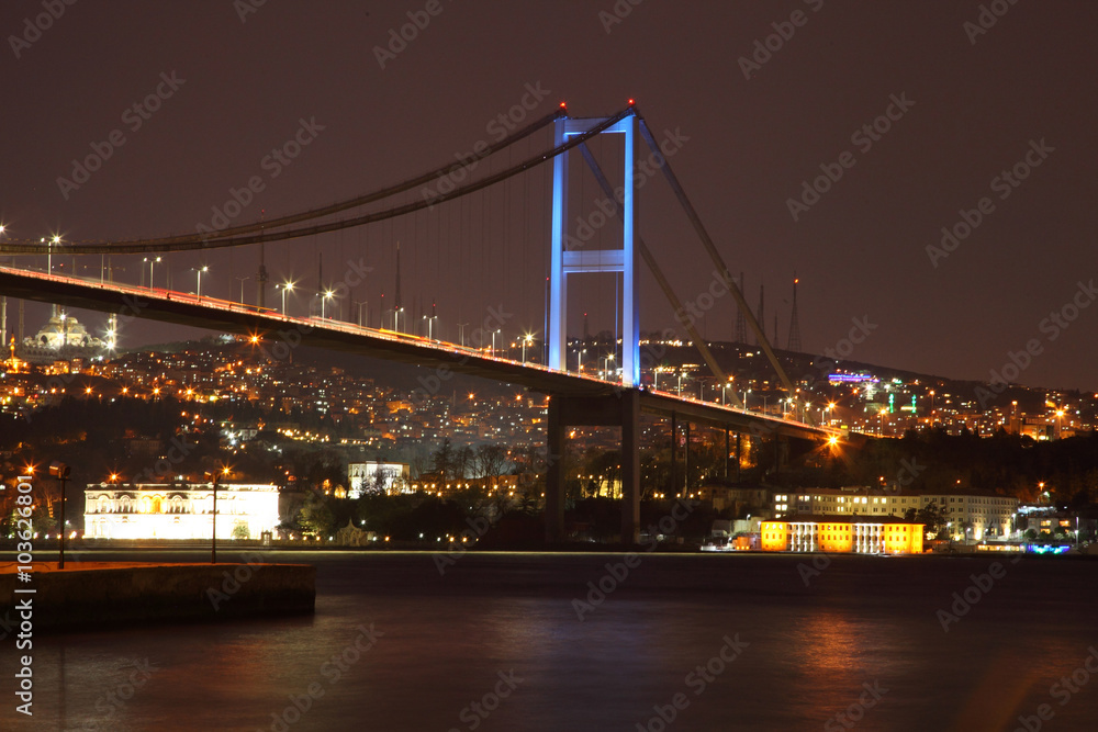 ISTANBUL, TURKEY - february 2016: Evening view of the Bosphorus Bridge. The coast of the Bosphorus. Fatih Sultan Mehmet Bridge - Stock Image