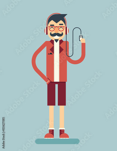 Happy Smiling Adult Man Geek Hipster Character Listen Music Player Icon Symbol Stylish Background Flat Design Template Vector Illustration