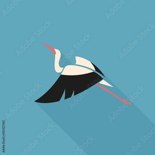 flying white stork with black wing logo sign on blue background