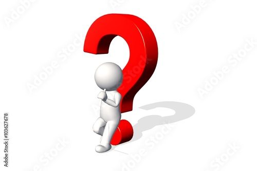 3d man thinking with red question marks over white background