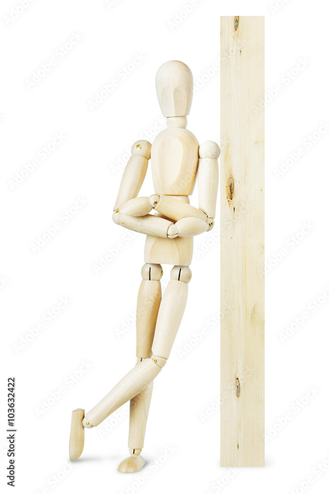 Man leaned against a wooden post. Abstract image with a wooden puppet Man leaned against a wooden post. Abstract image with a wooden puppet