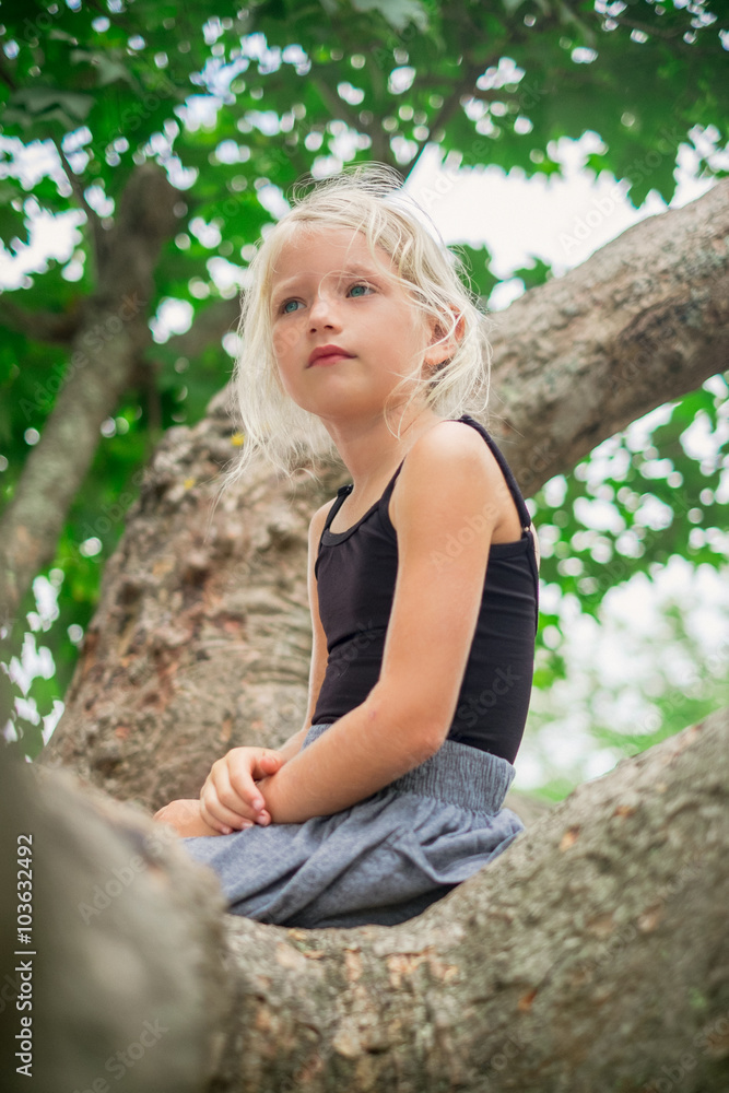 Little Girl Thinking in tree Little Girl Thinking in tree