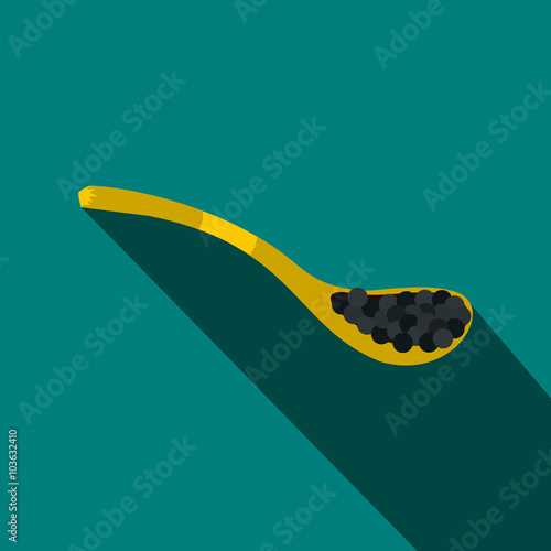 Black caviar in spoon icon, flat style 