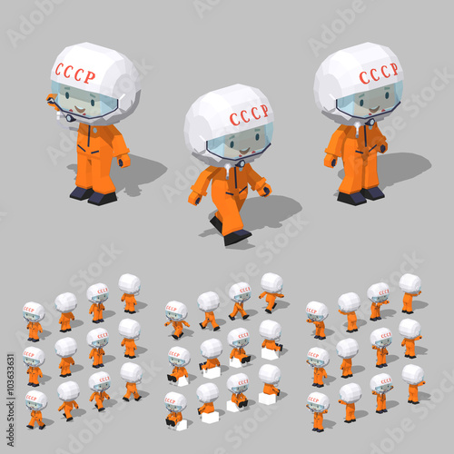 Soviet cosmonaut in the white helmet and the orange flight suit. 3D lowpoly isometric vector illustration. The set of objects isolated against the grey background and shown from different sides
