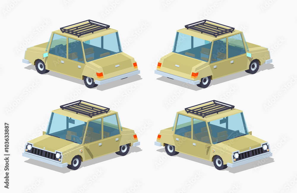 Old beige sedan. 3D lowpoly isometric vector illustration. The set of objects isolated against the white background and shown from different sides