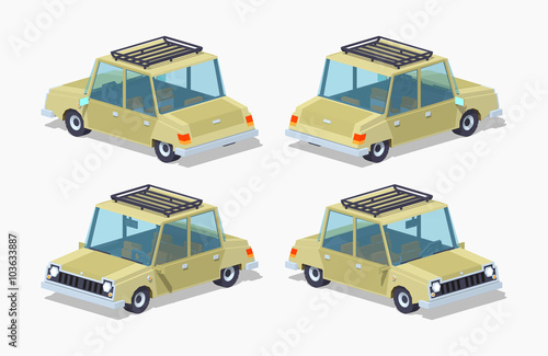Old beige sedan. 3D lowpoly isometric vector illustration. The set of objects isolated against the white background and shown from different sides