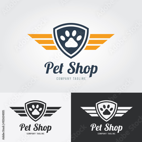 Pet shop logo template. Animal paw print Icon with shield and wings. Vector for pet shop, hotel, vet clinic.