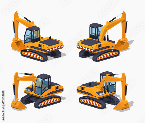 Yellow excavator. Special machinery. 3D lowpoly isometric vector illustration. The set of objects isolated against the white background and shown from different sides