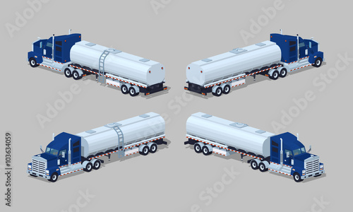 Dark-blue heavy truck with silver tank-trailer. 3D lowpoly isometric vector illustration. The set of objects isolated against the grey background and shown from different sides