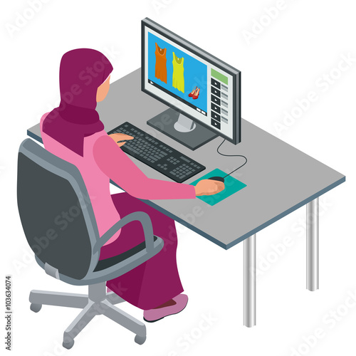 Arab woman, Muslim woman, asian woman working in office with computer. Attractive female Arabic corporate worker. Vector flat 3d isometric illustration