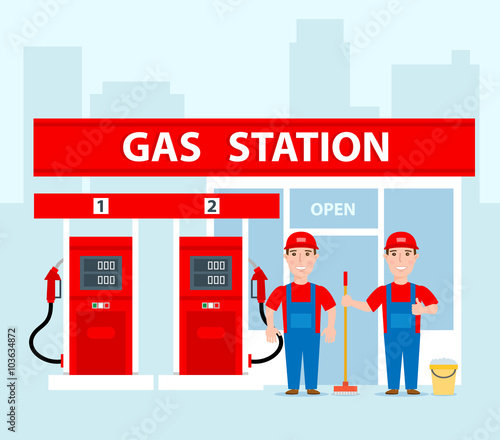 gas station workers in uniform concept illustration gas station with pumps and shop