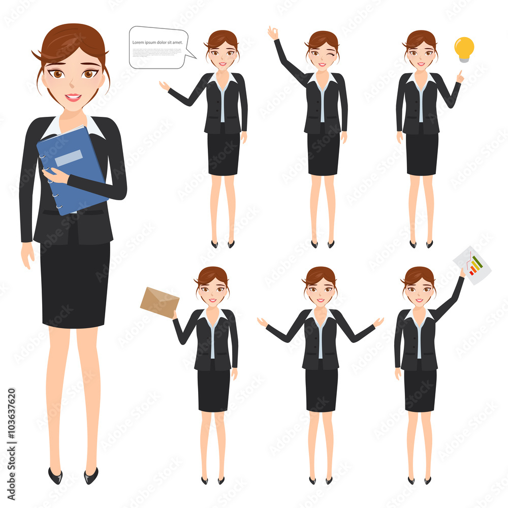 set of business woman character at office work. people character