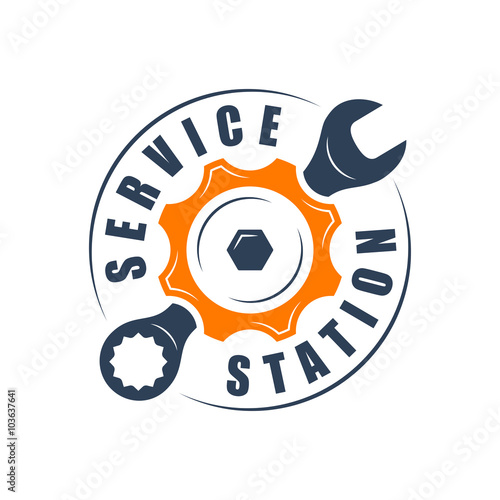 Auto service logotype, wrench and gear silhouette