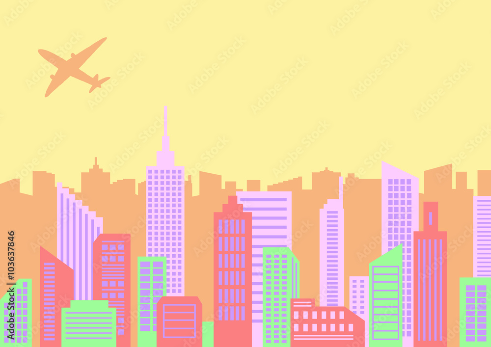 Vector illustration of the passenger plane flying over skyscrapers of the big city