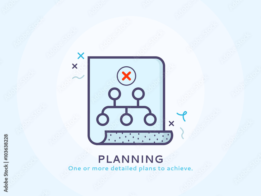 Planning icon - Thin line flat design of business project startup process Flat modern color icons for marketing and business strategy Planning icon - Thin line flat design of business project startup process Flat modern color icons for marketing and business strategy