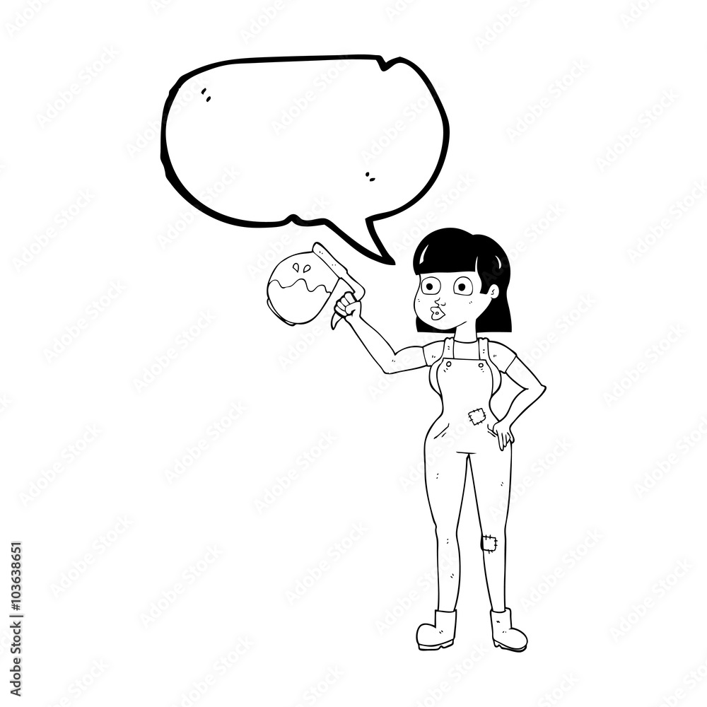 speech bubble cartoon woman in dungarees with coffee speech bubble cartoon woman in dungarees with coffee