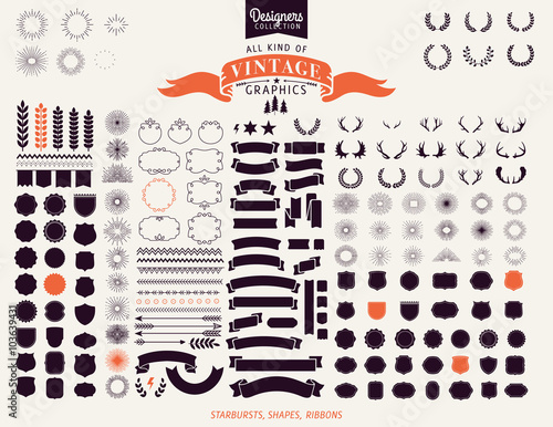 Premium design elements. Starbursts, frames and ribbons Designers Collection