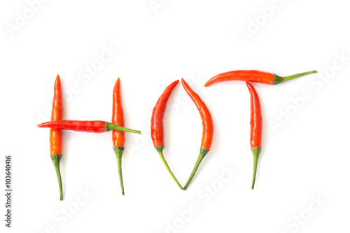 Red chili pepper on a white background,Spell "HOT"