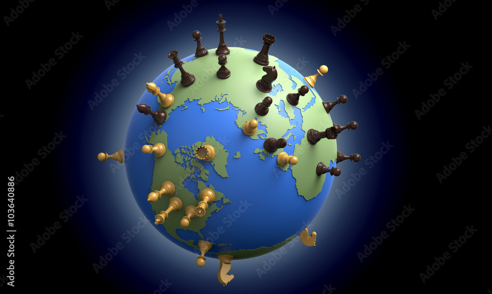 symbol of geopolitics the world globe with chess pieces Stock ...