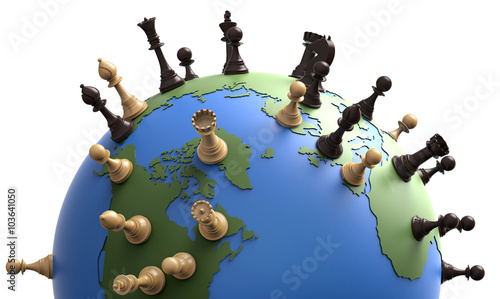 symbol of geopolitics the world globe with chess pieces