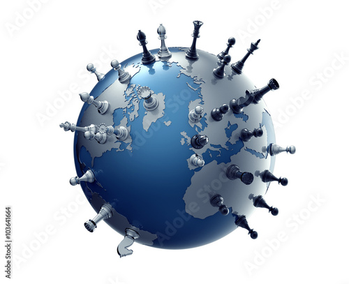 symbol of geopolitics the world globe with chess pieces photo