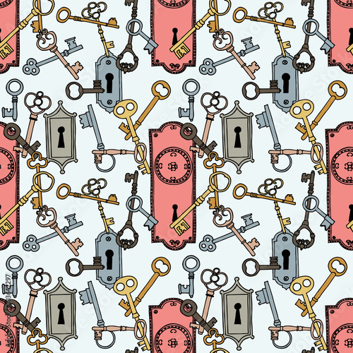 Seamless hand drawn pattern with various old keys and locks, fairy tale vector illustration