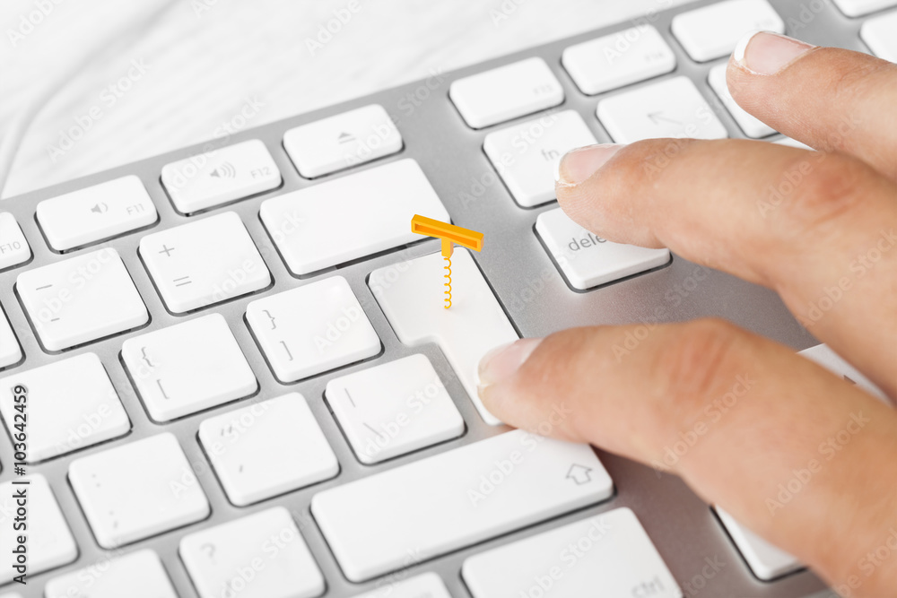 Woman pressing wine delivery button on computer keyboard Woman pressing wine delivery button on computer keyboard
