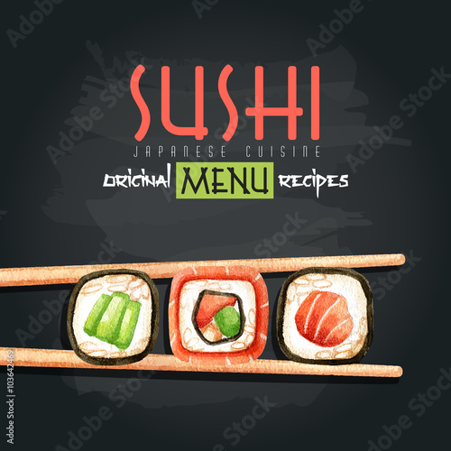 Watercolor illustration with sushi rolls and chopsticks