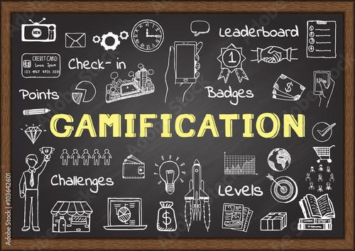 Hand drawn icons about gamification on chalkboard, marketing concept