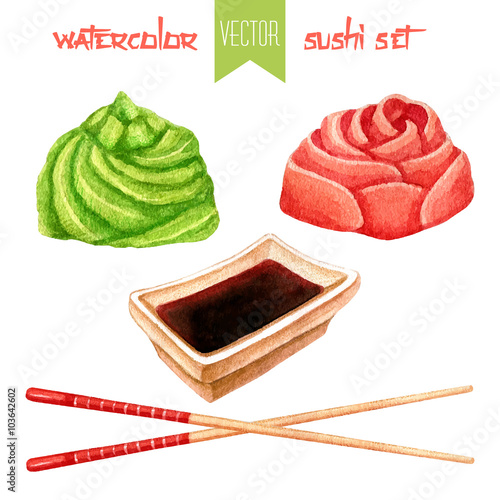 Watercolor set of ginger, soy sauce, wasabi and chopsticks