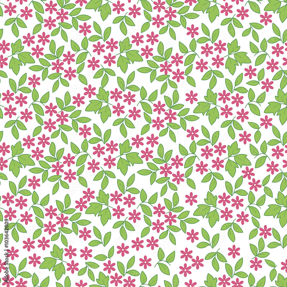 Seamless pattern with pink flowers and green leaves on white background