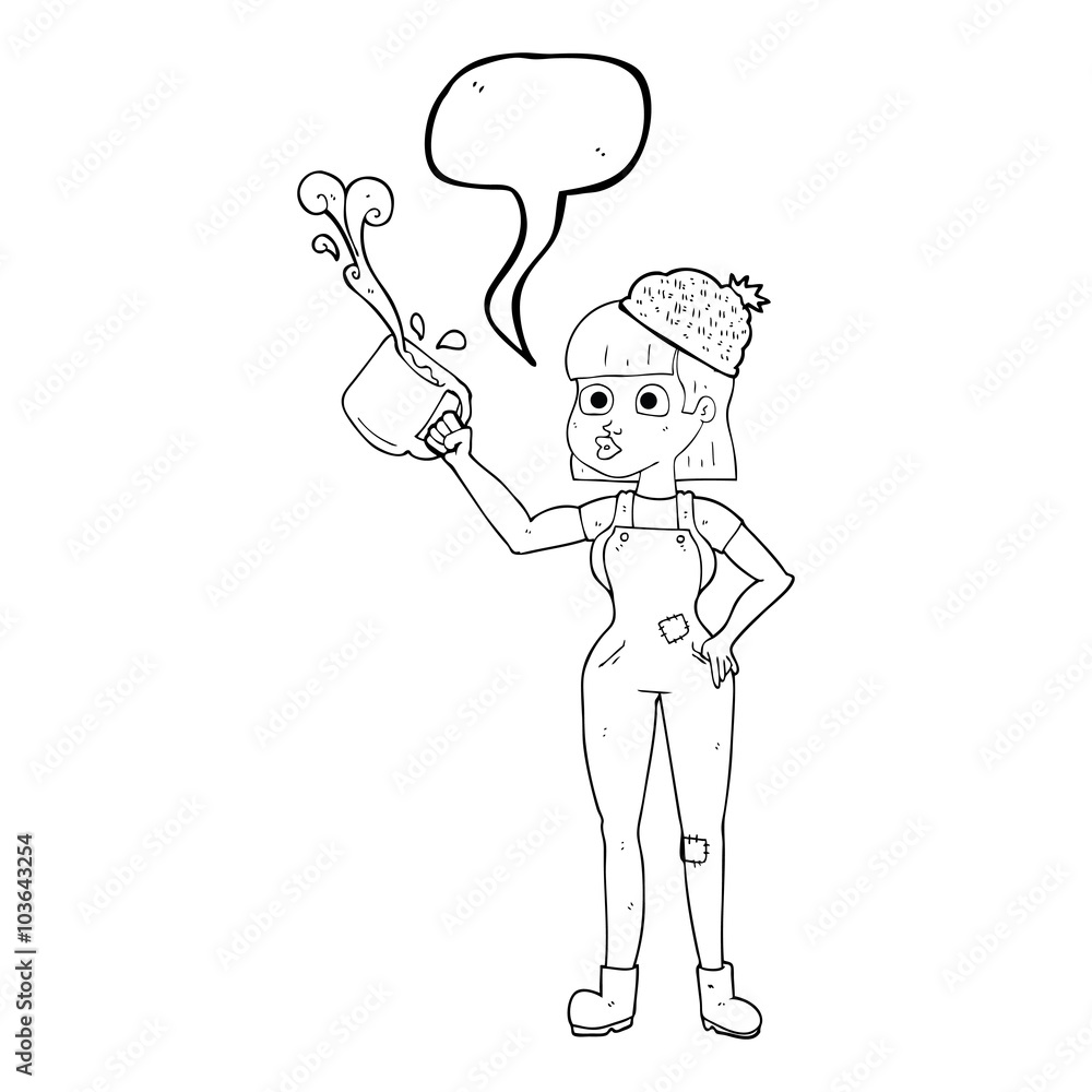 speech bubble cartoon female worker with coffee mug