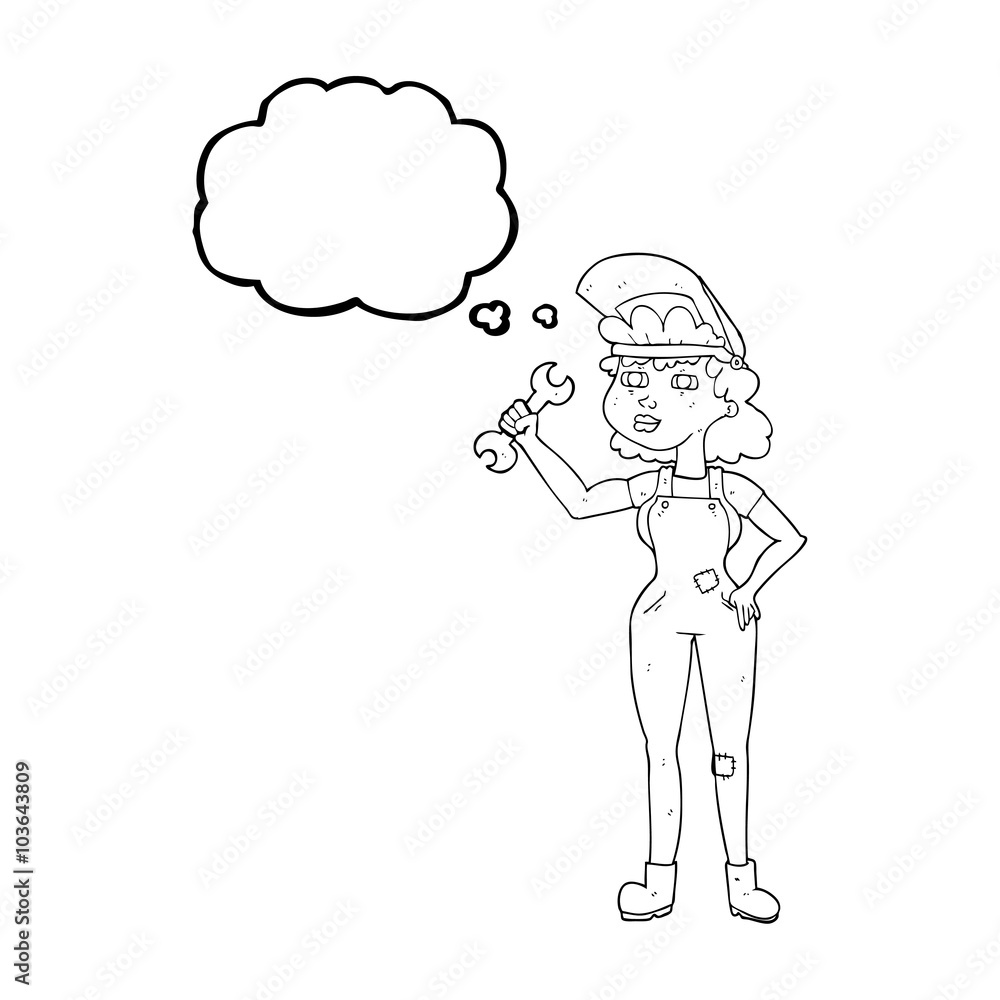 thought bubble cartoon woman with spanner