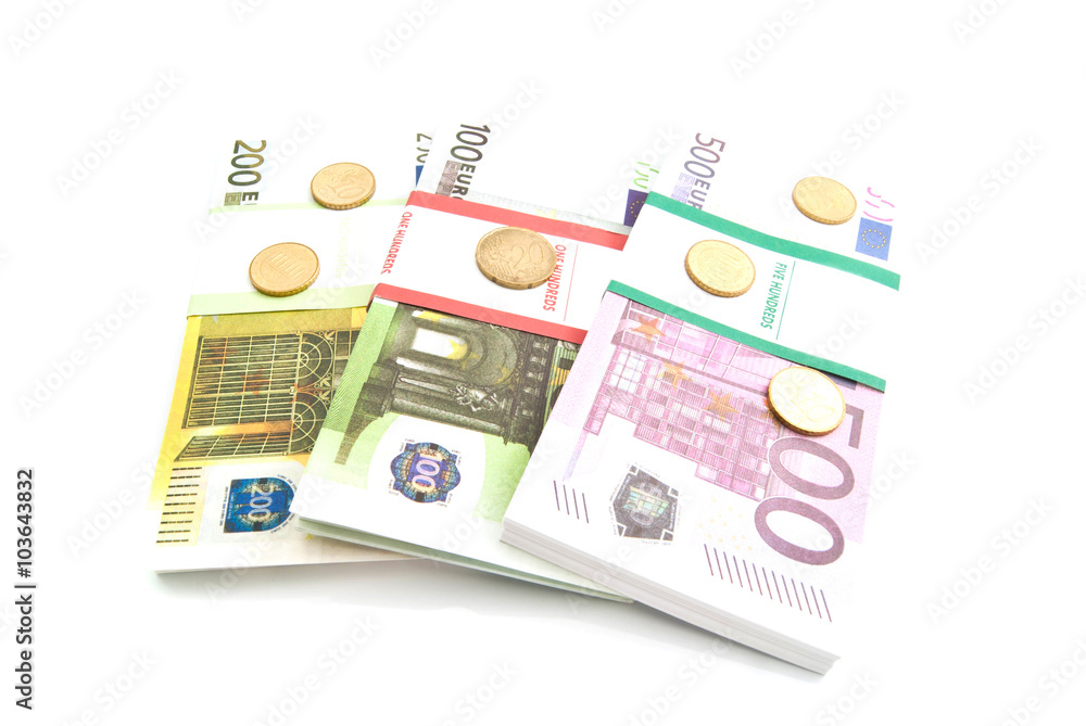 different euro banknotes and coins