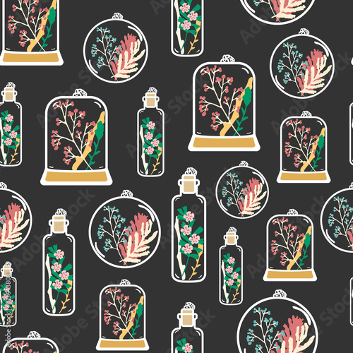 Seamless pattern with hand drawn floral terrariums. Plant pendant with dried flowers, moss and berries. Colorful vector illustration