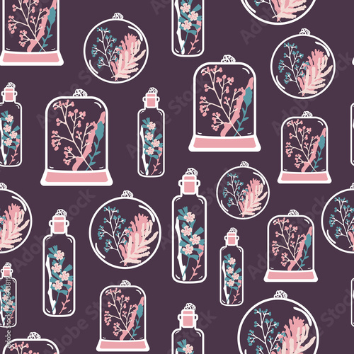 Seamless pattern with hand drawn floral terrariums. Plant pendant with dried flowers, moss and berries. Colorful vector illustration